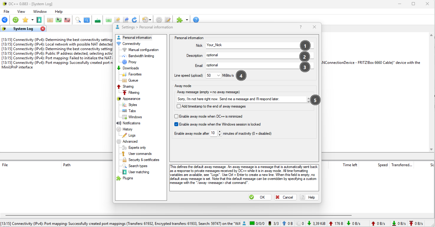 DC++ personal information settings