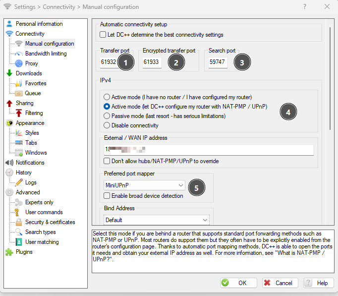 DC++ manual connection settings