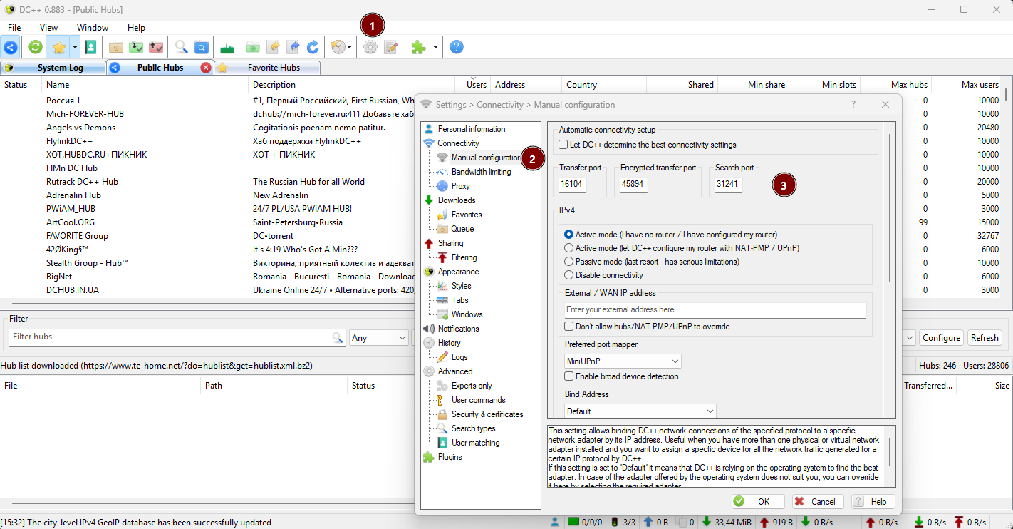 DC++ connection settings