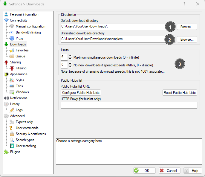 DC++ Download-Einstellungen